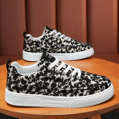 Men's Fashion Casual Tiny Flower Print Lace-Up Thick-Soled Canvas Board Shoes