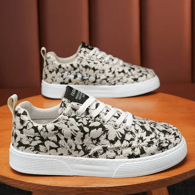 Men's Fashion Casual Tiny Flower Print Lace-Up Thick-Soled Canvas Board Shoes