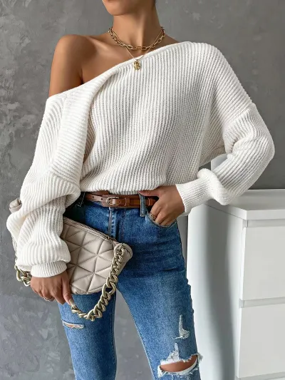 Autumn Winter Women Fashion Backless Solid Color Long Sleeve Knitted Pullover Sweater