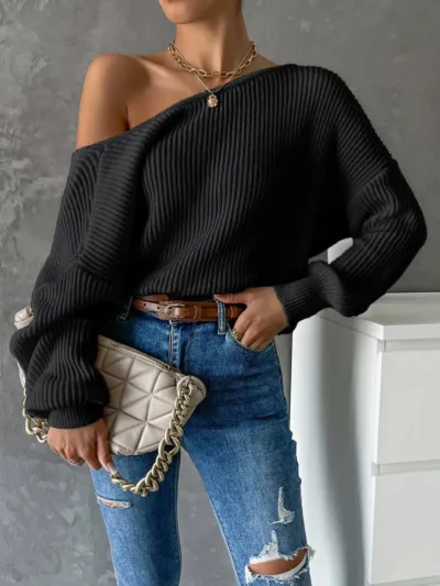 Autumn Winter Women Fashion Backless Solid Color Long Sleeve Knitted Pullover Sweater
