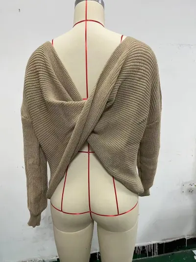 Autumn Winter Women Fashion Backless Solid Color Long Sleeve Knitted Pullover Sweater