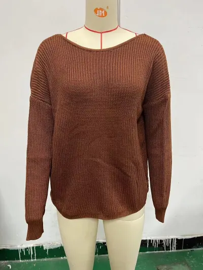 Autumn Winter Women Fashion Backless Solid Color Long Sleeve Knitted Pullover Sweater