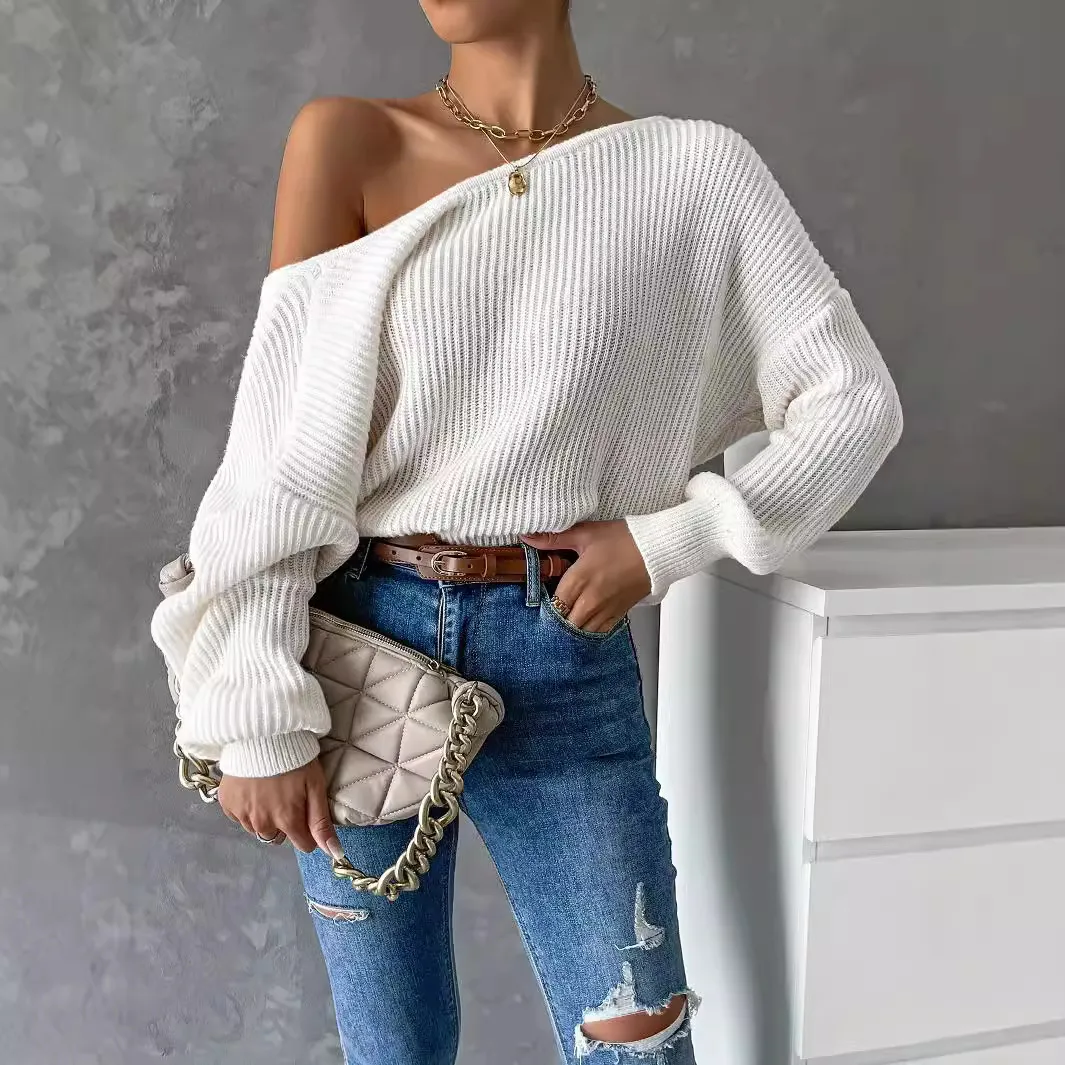 Autumn Winter Women Fashion Backless Solid Color Long Sleeve Knitted Pullover Sweater