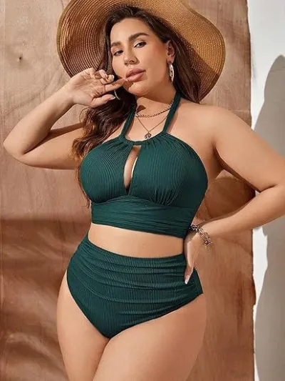 Women Sexy Plus Size Halter Neck Hollow High Waist Swimsuit Tankini Set
