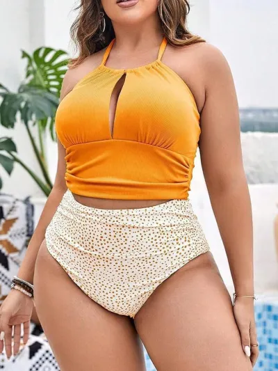 Women Sexy Plus Size Halter Neck Hollow High Waist Swimsuit Tankini Set