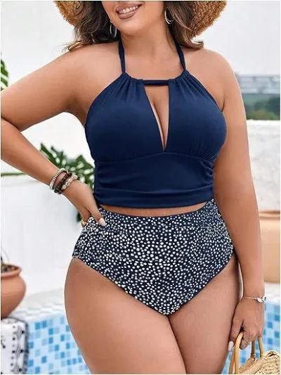 Women Sexy Plus Size Halter Neck Hollow High Waist Swimsuit Tankini Set