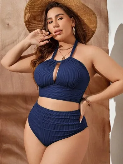 Women Sexy Plus Size Halter Neck Hollow High Waist Swimsuit Tankini Set