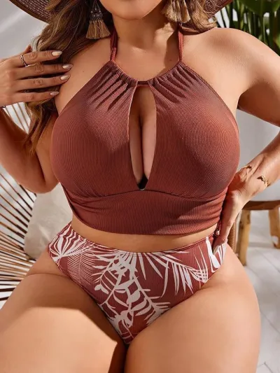 Women Sexy Plus Size Halter Neck Hollow High Waist Swimsuit Tankini Set