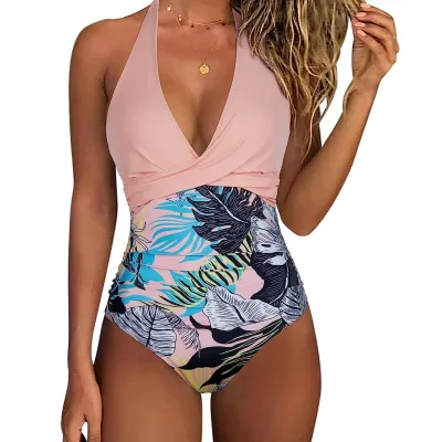 Women Sexy Deep V Neck Leopard Print Backless One-Piece Swimsuit