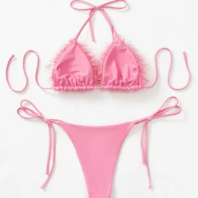 Women Fashion Sexy Plush Halter Neck Bikini Swimsuit Set