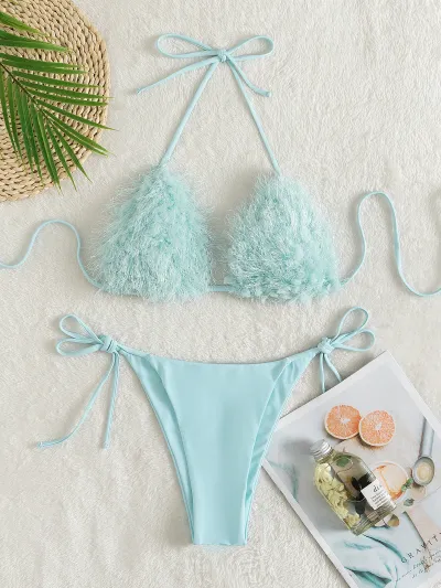 Women Fashion Sexy Plush Halter Neck Bikini Swimsuit Set
