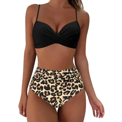 Women Cross Strap Leopard Floral Printed High Waist Tankini Swimsuit Set