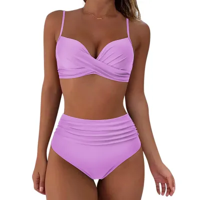 Women Cross Strap Leopard Floral Printed High Waist Tankini Swimsuit Set
