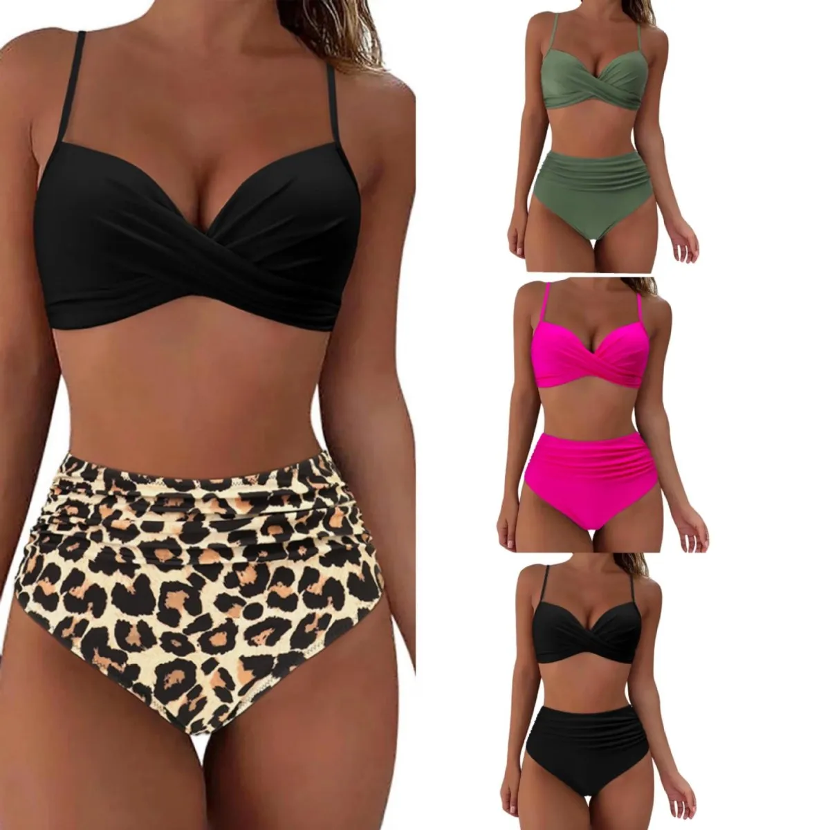 Women Cross Strap Leopard Floral Printed High Waist Tankini Swimsuit Set