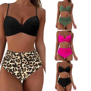 Women Cross Strap Leopard Floral Printed High Waist Tankini Swimsuit Set