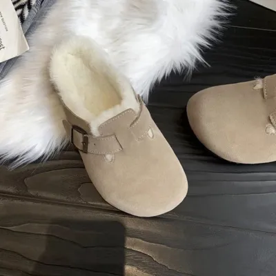 Women Fleece-Lined Flat Mules Shoes - Warm Winter Slip-On with Thick Sole