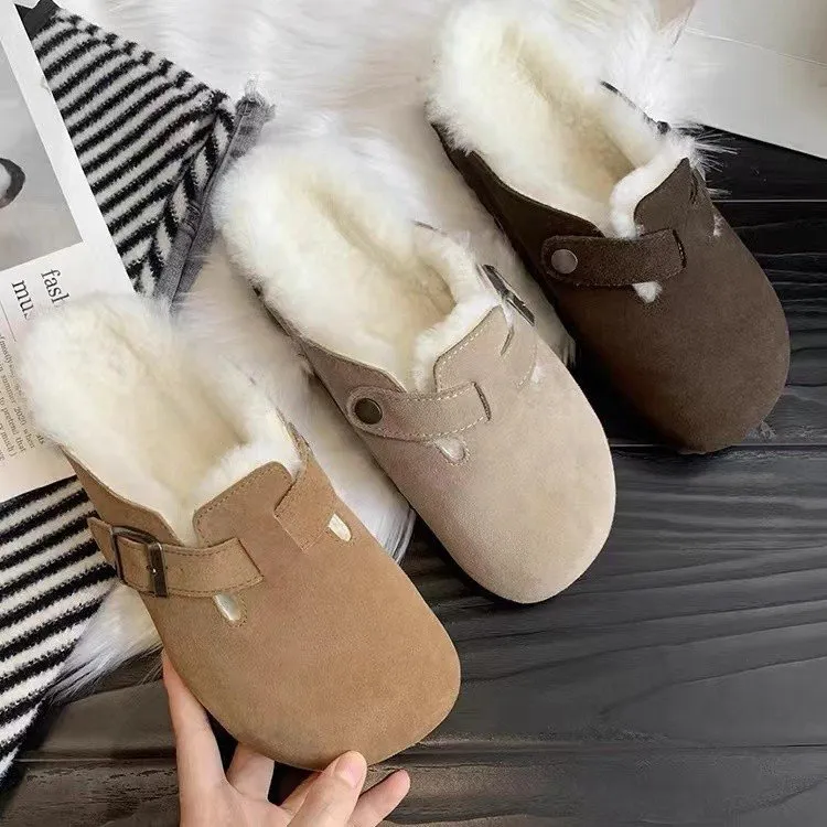 Women Fleece-Lined Flat Mules Shoes - Warm Winter Slip-On with Thick Sole