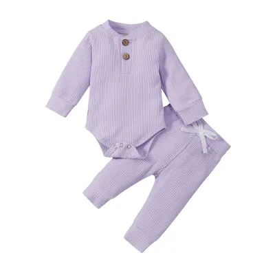 Kids Baby Boys Girls Casual Cute Solid Color Rib-Knit Long-Sleeved Romper Trousers Sets