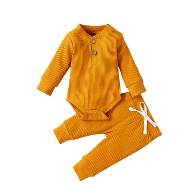 Kids Baby Boys Girls Casual Cute Solid Color Rib-Knit Long-Sleeved Romper Trousers Sets