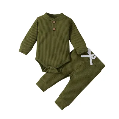 Kids Baby Boys Girls Casual Cute Solid Color Rib-Knit Long-Sleeved Romper Trousers Sets