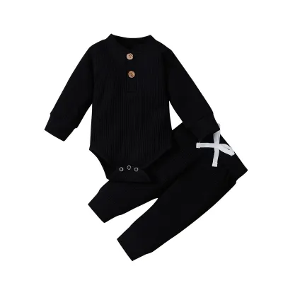 Kids Baby Boys Girls Casual Cute Solid Color Rib-Knit Long-Sleeved Romper Trousers Sets