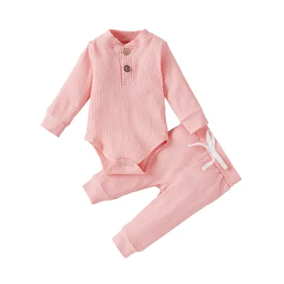 Kids Baby Boys Girls Casual Cute Solid Color Rib-Knit Long-Sleeved Romper Trousers Sets
