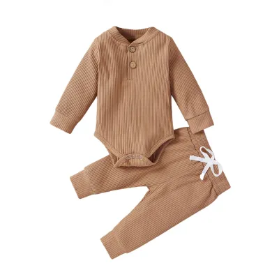 Kids Baby Boys Girls Casual Cute Solid Color Rib-Knit Long-Sleeved Romper Trousers Sets