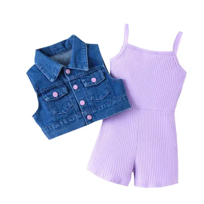 Kids Toddler Girls Fashion Casual Sleeveless Denim Vest Rib-Knit Jumpsuit Set Solid Pullover