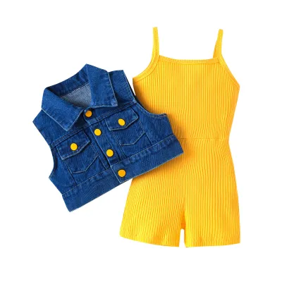 Kids Toddler Girls Fashion Casual Sleeveless Denim Vest Rib-Knit Jumpsuit Set Solid Pullover