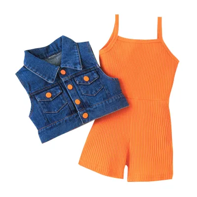 Kids Toddler Girls Fashion Casual Sleeveless Denim Vest Rib-Knit Jumpsuit Set Solid Pullover