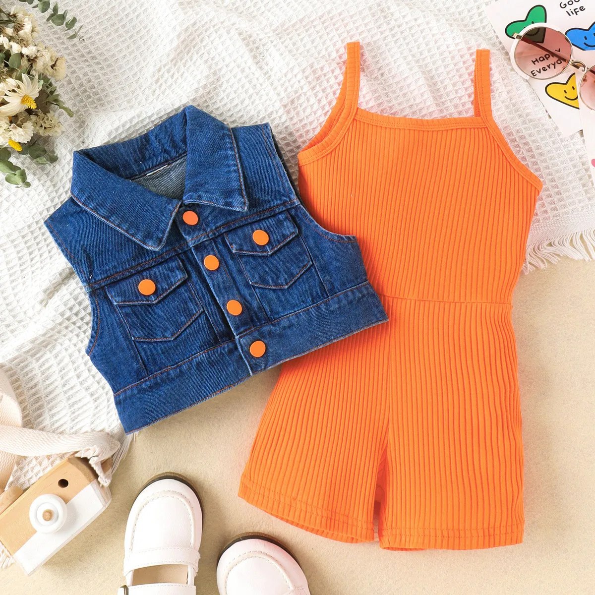 Kids Toddler Girls Fashion Casual Sleeveless Denim Vest Rib-Knit Jumpsuit Set Solid Pullover
