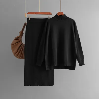 Autumn Winter Women Solid Color Semi-High Collar Long Sleeve Knitted Sweater Skirt Two-Piece Set