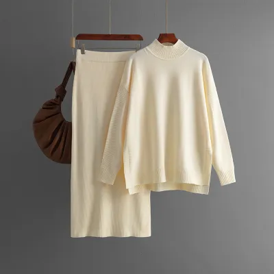 Autumn Winter Women Solid Color Semi-High Collar Long Sleeve Knitted Sweater Skirt Two-Piece Set