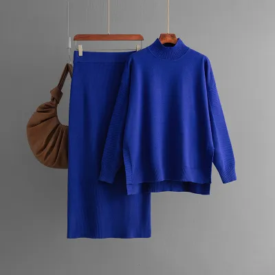 Autumn Winter Women Solid Color Semi-High Collar Long Sleeve Knitted Sweater Skirt Two-Piece Set