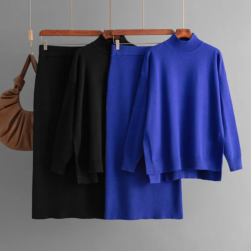Autumn Winter Women Solid Color Semi-High Collar Long Sleeve Knitted Sweater Skirt Two-Piece Set