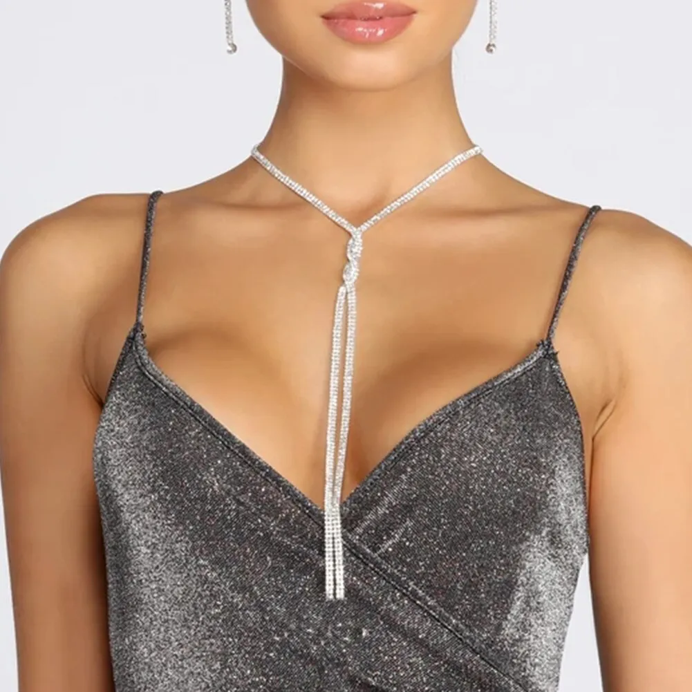 Women's Fashion Shiny Tassel Rhinestone Long Necklace
