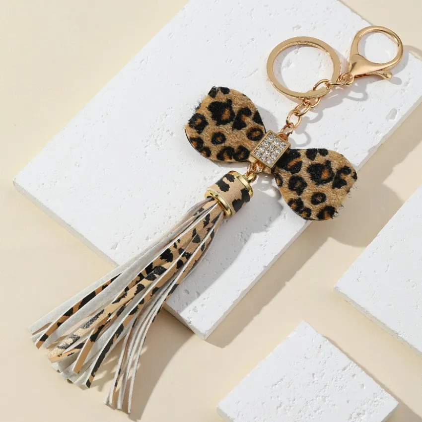Fashion Leopard Bow Tassel Metal Keychain
