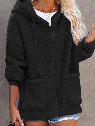 Autumn Winter Women Fashion Plush Thickened Long Sleeve Zipper Pocket Hooded Jacket