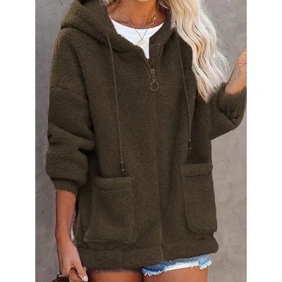 Autumn Winter Women Fashion Plush Thickened Long Sleeve Zipper Pocket Hooded Jacket