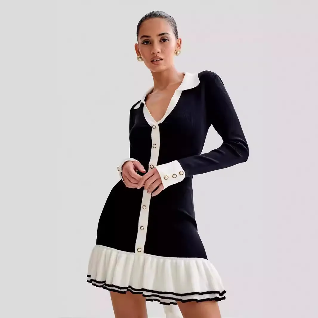 Women Elegant V-Neck Pearl Buckle Long Sleeve Ruffled Dress