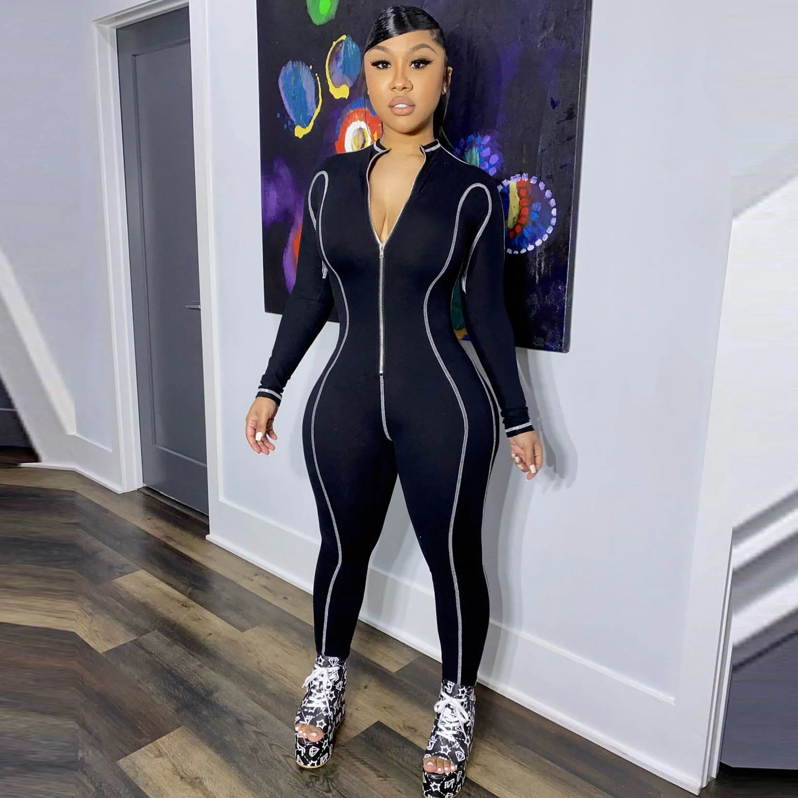 Women Fashion Tight Zipper Long Sleeve Jumpsuit