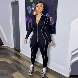 Women Fashion Tight Zipper Long Sleeve Jumpsuit