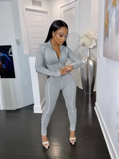 Women Fashion Tight Zipper Long Sleeve Jumpsuit