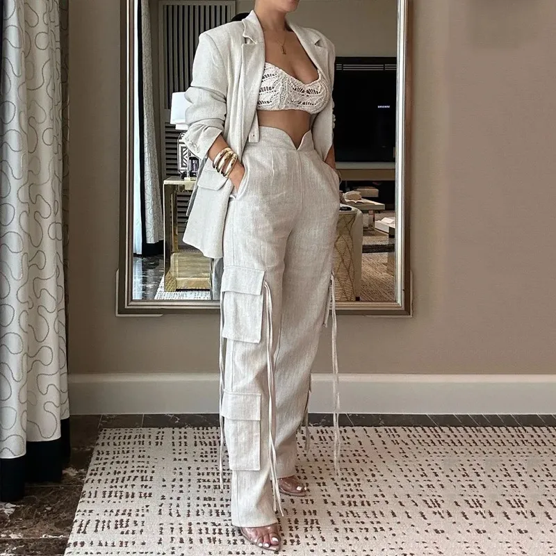 Women Casual Loose Lapel Long Sleeve Blazer Coat Multi-Pocket Strap Pants Two-Piece Set