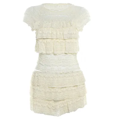 Summer Women Fashion Solid Color Lace Sleeveless Top Shorts Two-Piece Set