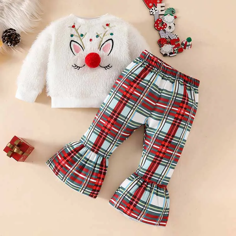 Kids Toddler Girls Sweet Plush Long Sleeve Top Plaid Flare Trousers Christmas Party Set