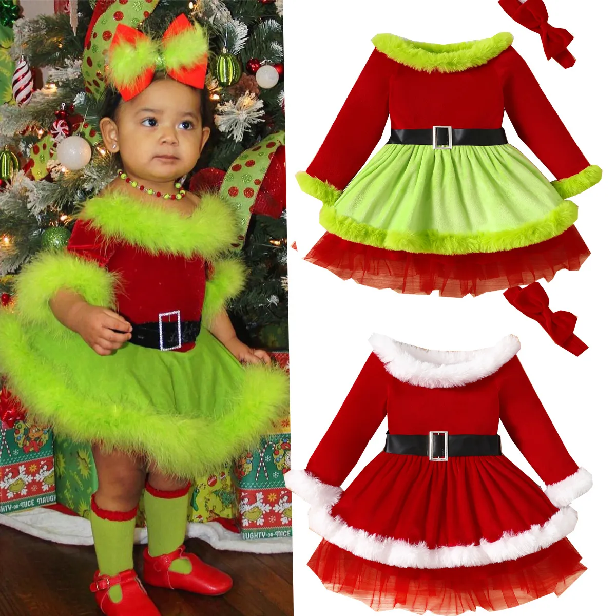 Kids Toddler Girls Princess Party Christmas Color Matching Plush Long Sleeve Dress