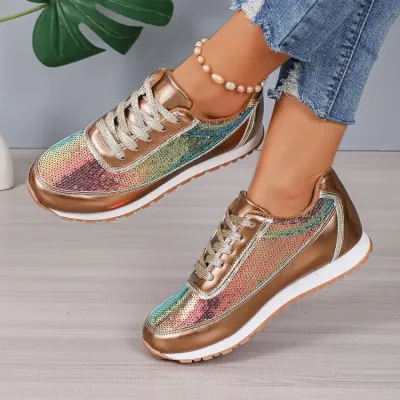 Women Plus Size Sequin Lace-Up Thick-Soled Sneaker Casual Fashion Shoes