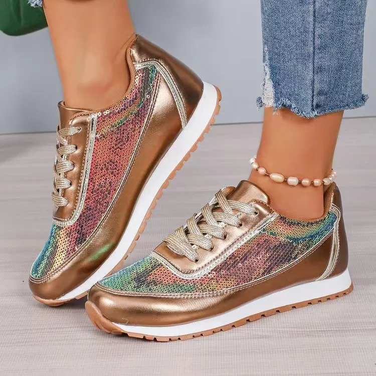Women Plus Size Sequin Lace-Up Thick-Soled Sneaker Casual Fashion Shoes