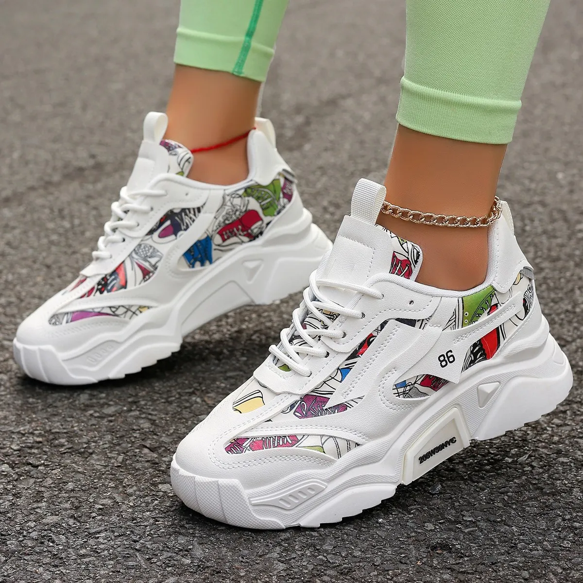 Women Casual Plus Size Breathable Lace-Up Thick-Soled Sneaker